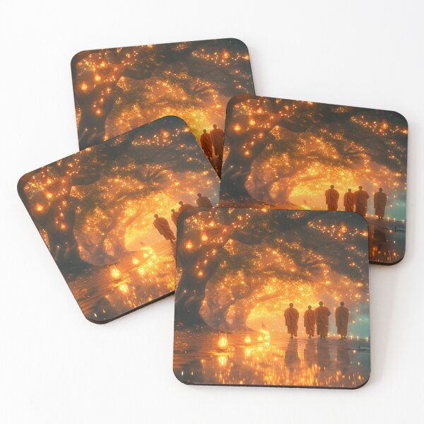 Item preview, Monks walking under glowing lanterns in tranquil forest designed and sold by Artessie.