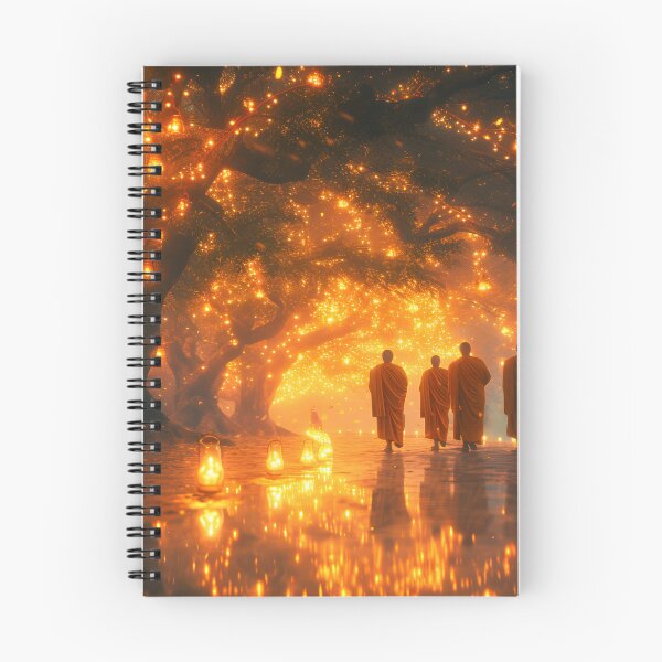 Item preview, Monks walking under glowing lanterns in tranquil forest designed and sold by Artessie.
