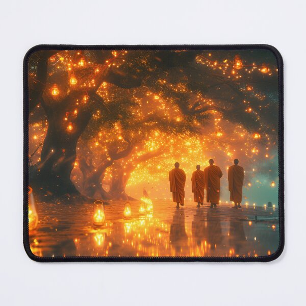 Item preview, Monks walking under glowing lanterns in tranquil forest designed and sold by Artessie.