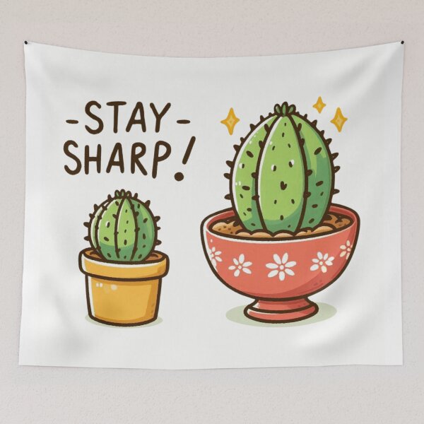 Item preview, Cartoon drawing of a small cactus in a decorative bowl. Add a fun phrase like "Stay sharp!" designed and sold by osamawaleed1997.