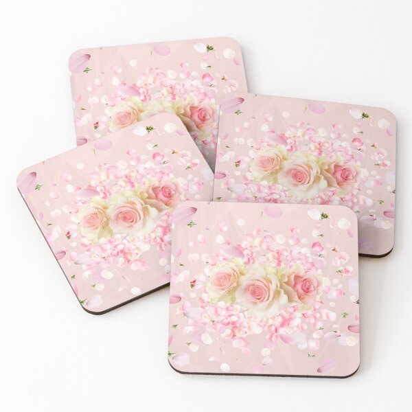 Item preview, Three Roses in Bloom, Pink Petals Veil Background designed and sold by WhiteSoftPetals.