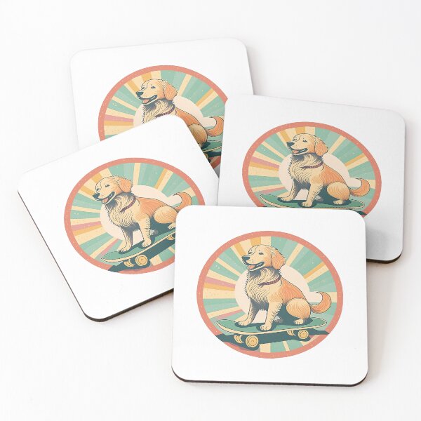 Item preview, happy golden retriever dog on skateboard, faded retro look designed and sold by planetgolden.