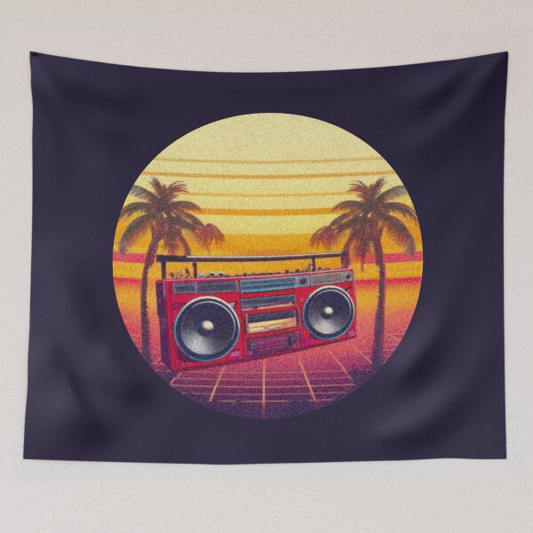 Item preview, Vaporwave retro sunset over boombox among palms designed and sold by analogsandpixel.