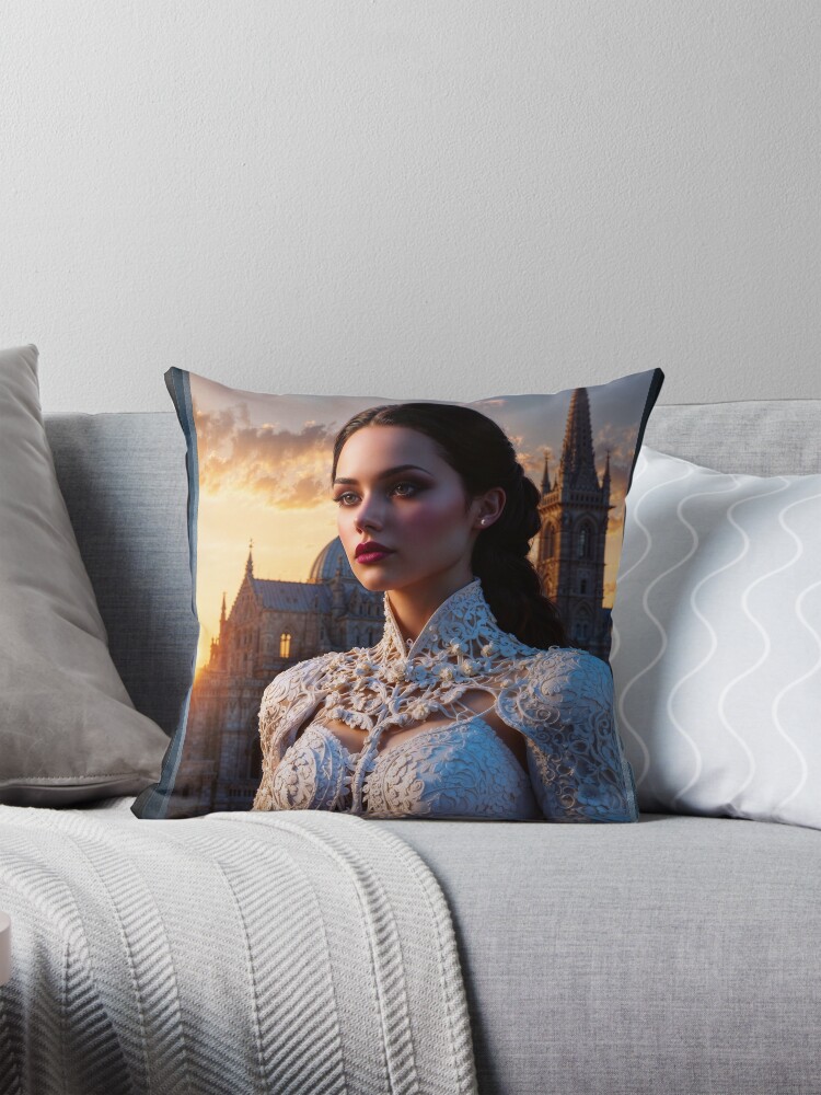 Gothic Portrait Of Lady Lycenia Arkus In An Elegant Ivory Gown AI Concept Art by Xzendor7 - Captivating Beauty 4 Gothic Portrait Of Lady Lycenia Arkus In An Elegant Ivory Gown Captivating AI Concept Art by Xzendor7 Decorative Art Print Throw Pillow