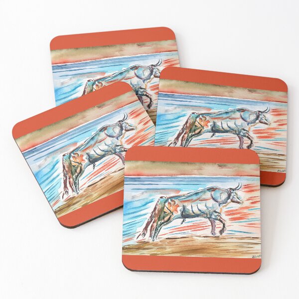 Item preview, Running bull in red and blue bull watercolor designed and sold by Auti-Animals.