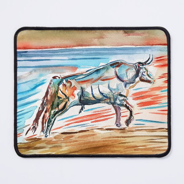 Item preview, Running bull in red and blue bull watercolor designed and sold by Auti-Animals.