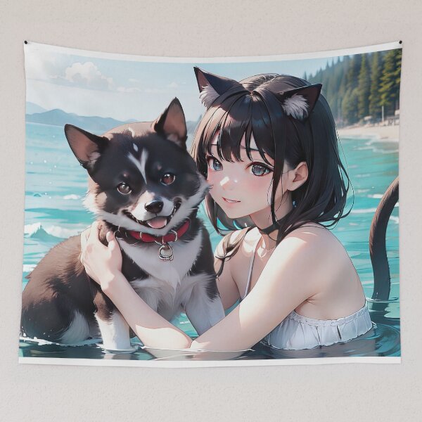 Item preview, Anime teen girl with dog in the sea art designed and sold by TheArtistOf2022.