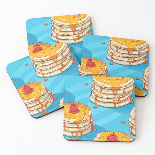 Item preview, Cartoon pancake stacks with syrup and cherries on blue background, seamless breakfast pattern designed and sold by TIA-shop.