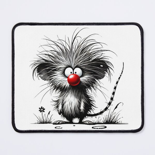 Item preview, Whimsical Black and White Mouse with Spiky Hair, Red Nose, and Flower designed and sold by Blink Art Studio.