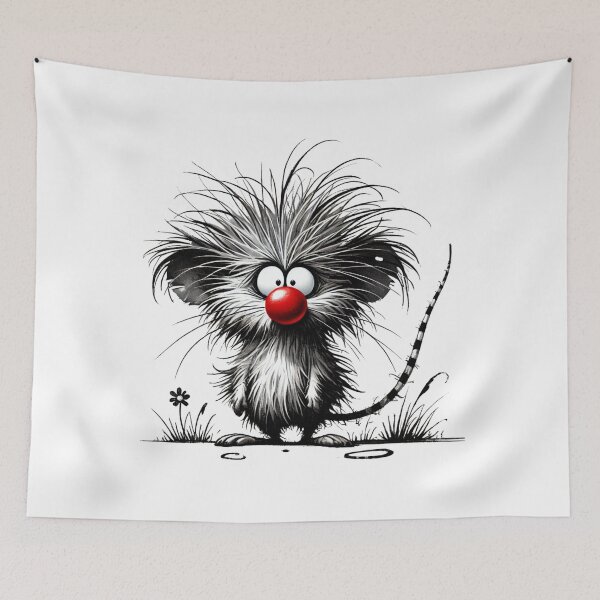 Item preview, Whimsical Black and White Mouse with Spiky Hair, Red Nose, and Flower designed and sold by Blink Art Studio.
