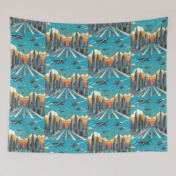Item preview, Futuristic City Skyline with Flying Cars Pop Art Style designed and sold by artofuniverse.