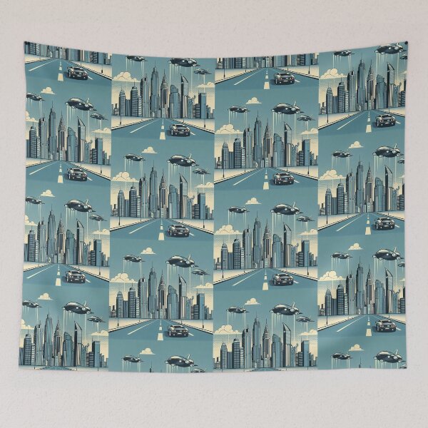 Item preview, Futuristic City Skyline with Flying Cars Pop Art Style designed and sold by artofuniverse.