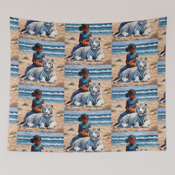 Item preview, Child on the Beach in Paradise with a White Tiger  designed and sold by IvaRenee.