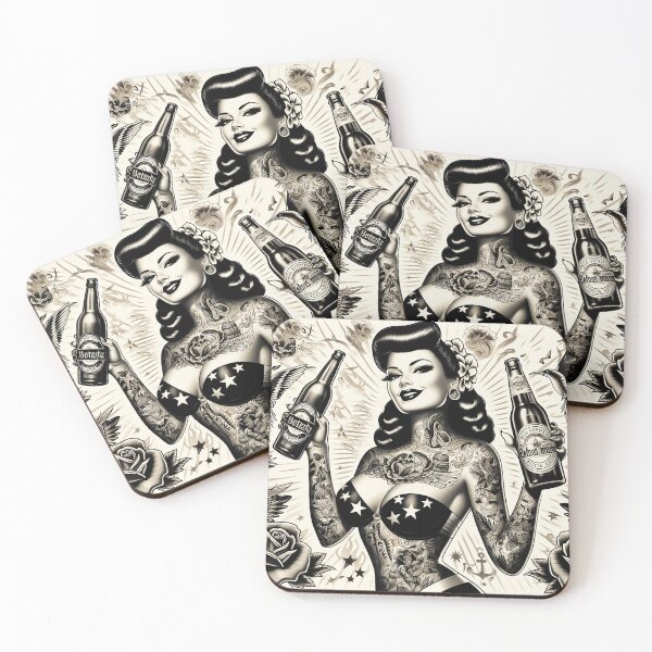 Item preview, Retro Tattooed Beer Girl designed and sold by PulpVintage.