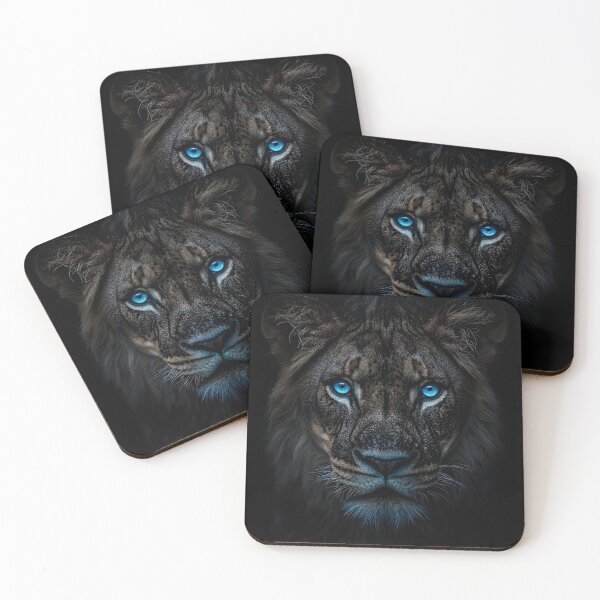 Item preview, Dark cinematic photo print of a lion with blue eyes designed and sold by dcrc.