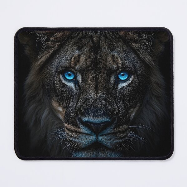 Item preview, Dark cinematic photo print of a lion with blue eyes designed and sold by dcrc.