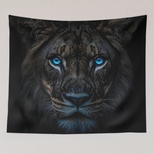Item preview, Dark cinematic photo print of a lion with blue eyes designed and sold by dcrc.
