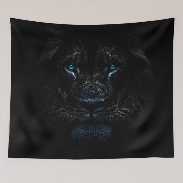 Item preview, Dark cinematic photo print of a lion with blue eyes designed and sold by dcrc.