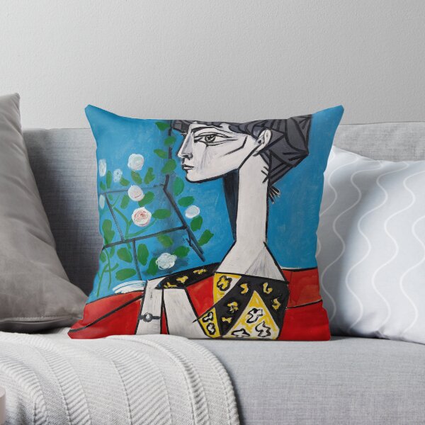 Pablo Picasso Portrait Jacqueline avec des fleurs Art mural rouge et bleu Coussin
