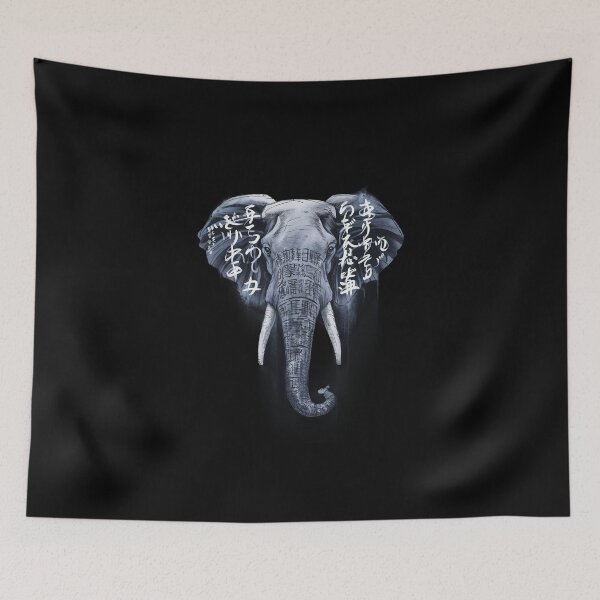 Item preview,  Elephant Head and Upper Trunk Against Overlaid with Japanese Text in Varying Fonts and Sizes designed and sold by macadolie.
