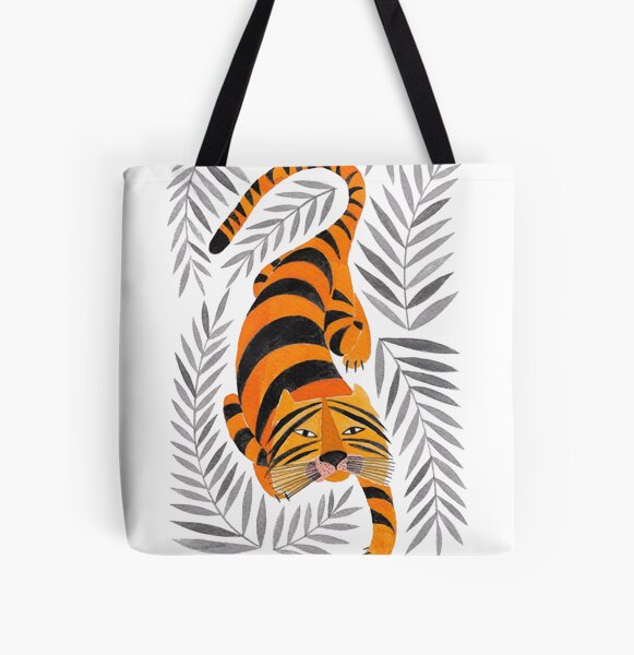 tiger surrounded by gray foliage illustration All Over Print Tote Bag