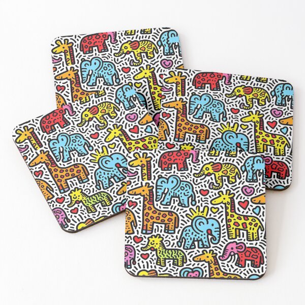 Item preview, Keith Harring inspired pattern with giraffes and elephants designed and sold by Silbays.
