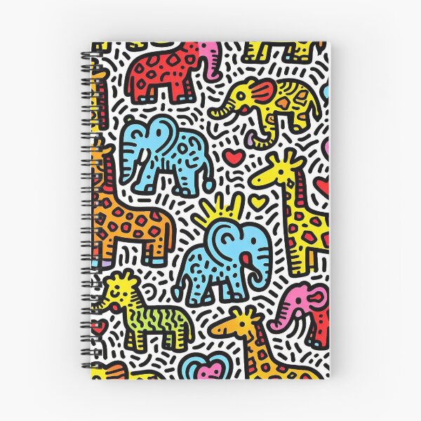 Item preview, Keith Harring inspired pattern with giraffes and elephants designed and sold by Silbays.