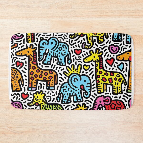 Item preview, Keith Harring inspired pattern with giraffes and elephants designed and sold by Silbays.