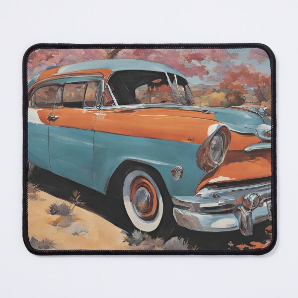 Artikelvorschau, Klassisches zweifarbiges Auto aus den 50er Jahren inmitten von Herbstlaub entworfen und verkauft von Aqmean.