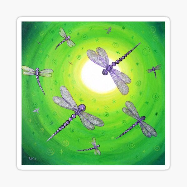 Shimmering Purple Dragonflies in Green Moonlight Sticker