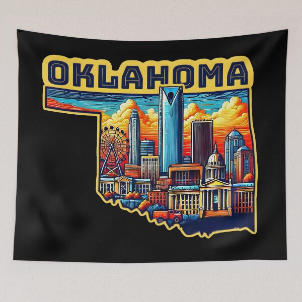 Item preview, Oklahoma State Map USA Skyline and Landmarks Illustration- travel souvenir art designed and sold by Unitepeople.