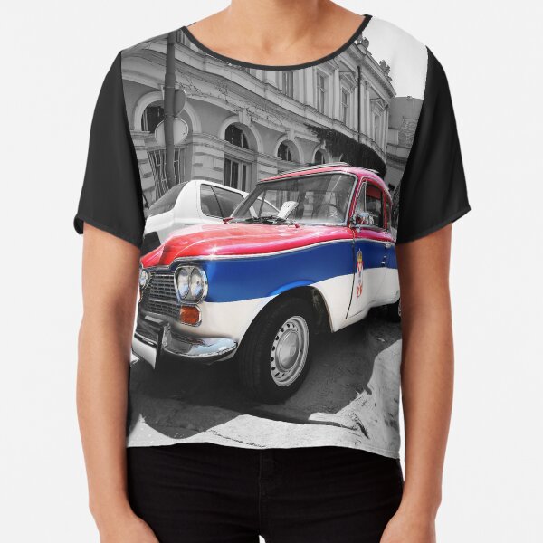 Serbian flag car vintage black and white Chiffon Top