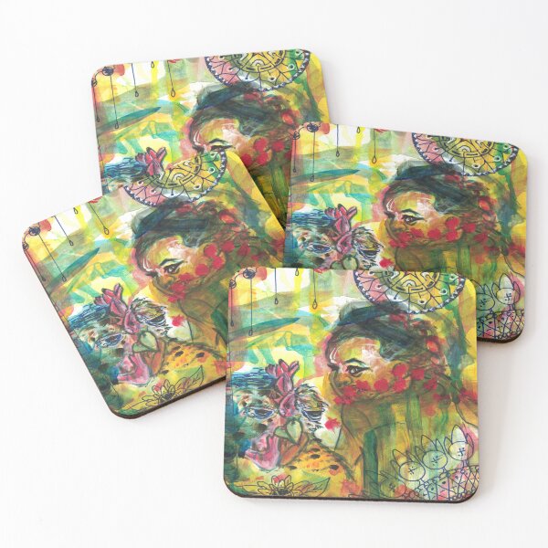 Item preview, child with hen colorful abstract acrylic painting designed and sold by CrittersByLola.