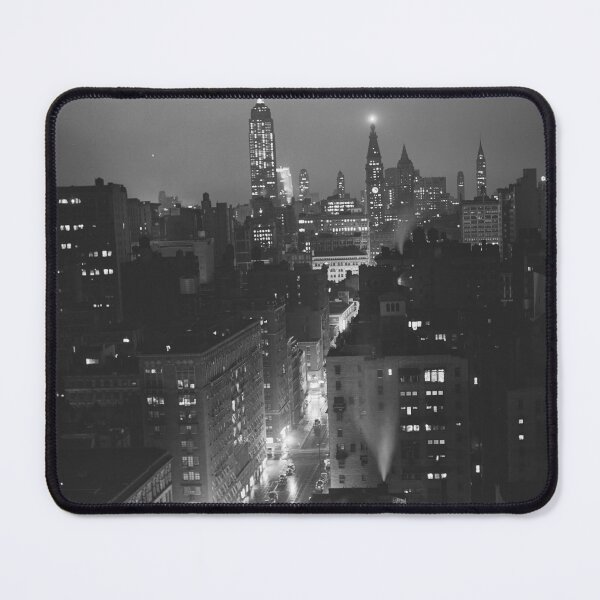 Item preview, Vintage 1939 Manhattan | A rainy evening in New York City, looking north from University Place | black and white photographic city skyline and lights art print designed and sold by Jéanpaul  Ferro.