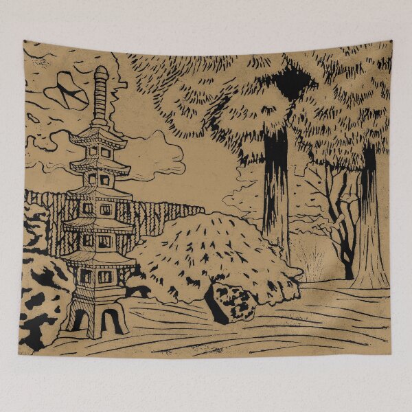 Item preview, Japanese Garden with Pagoda Linocut Print - Coal + Fawn designed and sold by Irene Estelle.
