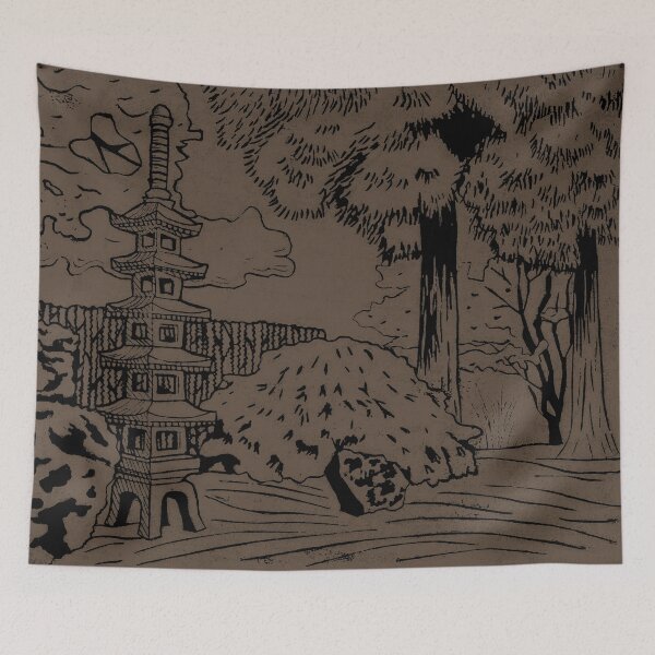 Item preview, Japanese Garden with Pagoda Linocut Print - Coal + Earth designed and sold by Irene Estelle.