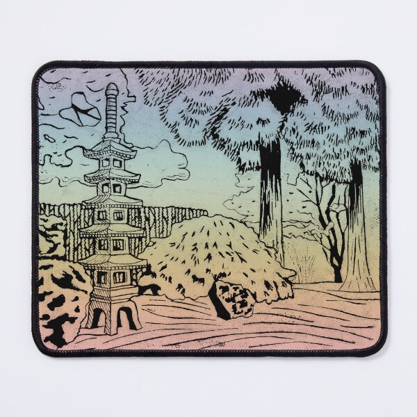 Item preview, Japanese Garden with Pagoda Linocut Print - Coal + Rainbow Sorbet designed and sold by Irene Estelle.