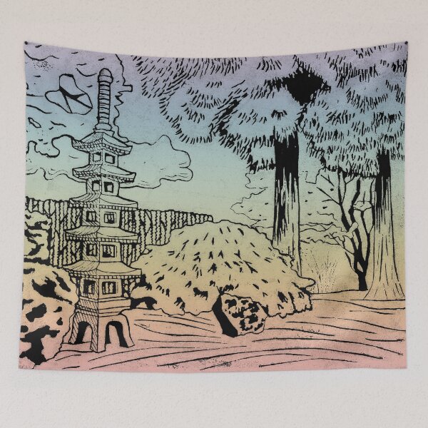Item preview, Japanese Garden with Pagoda Linocut Print - Coal + Rainbow Sorbet designed and sold by Irene Estelle.