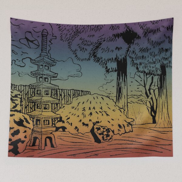 Item preview, Japanese Garden with Pagoda Linocut Print - Coal + Rainbow Sunset designed and sold by Irene Estelle.