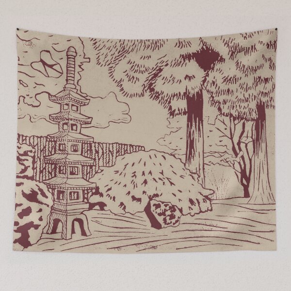 Item preview, Japanese Garden with Pagoda Linocut Print - Wine + Dove designed and sold by Irene Estelle.