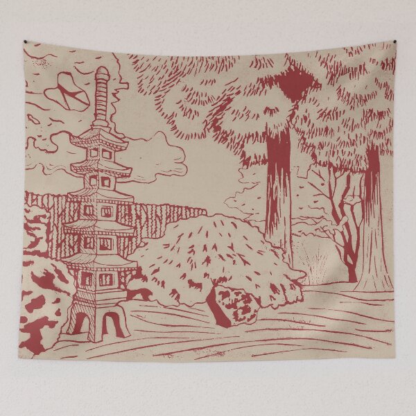 Item preview, Japanese Garden with Pagoda Linocut Print - Ruby + Dove designed and sold by Irene Estelle.