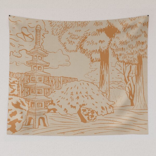 Item preview, Japanese Garden with Pagoda Linocut Print - Rust + Dove designed and sold by Irene Estelle.