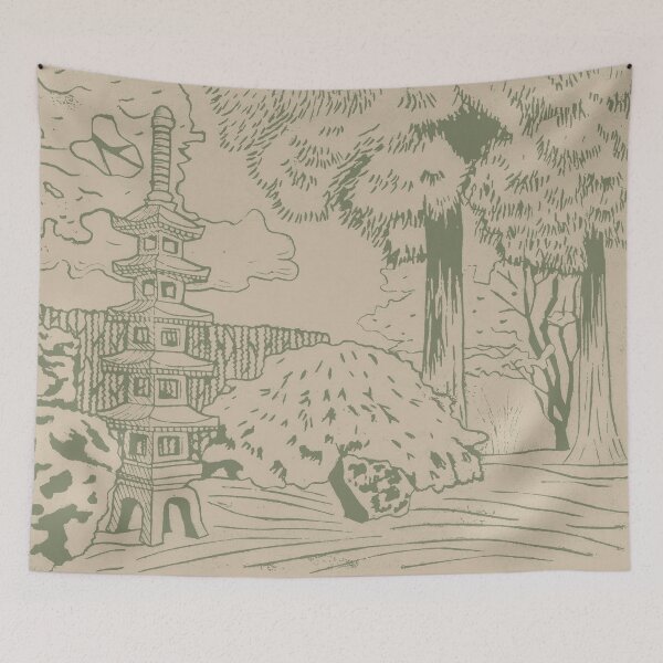 Item preview, Japanese Garden with Pagoda Linocut Print - Sage + Dove designed and sold by Irene Estelle.