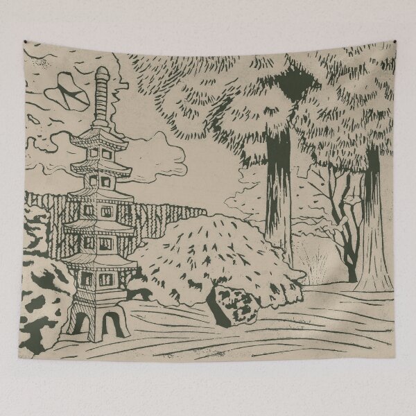 Item preview, Japanese Garden with Pagoda Linocut Print - Pine + Dove designed and sold by Irene Estelle.