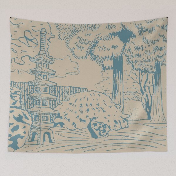 Item preview, Japanese Garden with Pagoda Linocut Print - Peacock + Dove designed and sold by Irene Estelle.