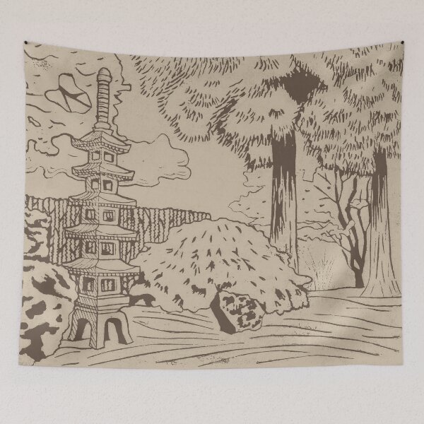 Item preview, Japanese Garden with Pagoda Linocut Print - Earth + Dove designed and sold by Irene Estelle.