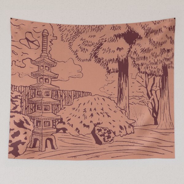 Item preview, Japanese Garden with Pagoda Linocut Print - Wine + Coral designed and sold by Irene Estelle.