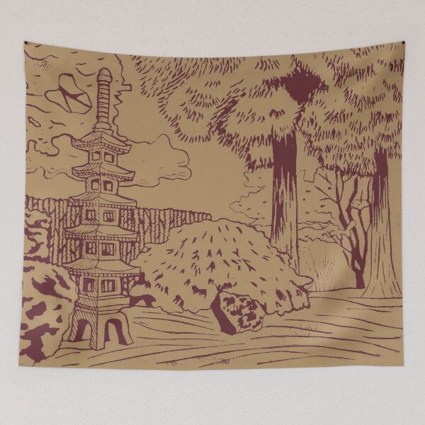 Item preview, Japanese Garden with Pagoda Linocut Print - Wine + Fawn designed and sold by Irene Estelle.
