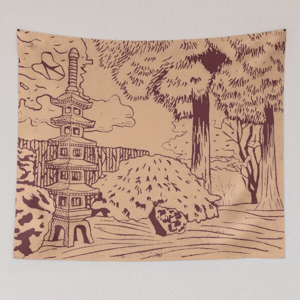 Item preview, Japanese Garden with Pagoda Linocut Print - Wine + Melon designed and sold by Irene Estelle.