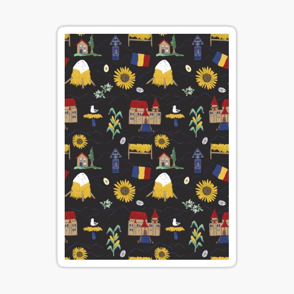 Item preview, Romanian inspired on charcoal background with castles, haystacks, sunflowers, elderflowers, storks, red roofs designed and sold by katerosestudios.